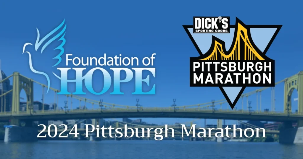 Foundation of HOPE logo, Pittsburgh Marathon Logo, bridges over river